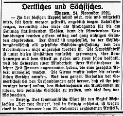 Auszug zum Streik in der Wurzener Teppichfabrik im Anzeiger und Tageblatt vom 24.11.1921 (S.2).jpg&nbsp;&copy;&nbsp;Sachsen.Digital, Bestände des Kulturhistorischen Museums Wurzen
