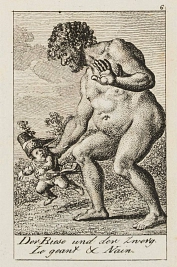 Detail aus: Daniel Nikolaus Chodowiecki, 12 Blätter zu Fabeln von Gellert, Gleim, Hagedorn und Lichtwer. Hier: Der Riese und der Zwerg (Lichtwer) © KulturBetrieb Wurzen