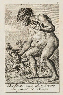 Detail aus: Daniel Nikolaus Chodowiecki, 12 Blätter zu Fabeln von Gellert, Gleim, Hagedorn und Lichtwer. Hier: Der Riese und der Zwerg (Lichtwer) © KulturBetrieb Wurzen