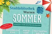 Ferienprogramm Stadtbibliothek Wurzen 2026 Übersichtsplakat in Form eines Handtuchs am Strand mit 7 Terminen und QR Code