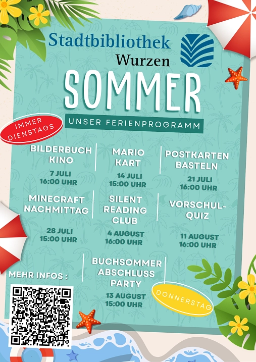 Ferienprogramm Stadtbibliothek Wurzen 2026 Übersichtsplakat in Form eines Handtuchs am Strand mit 7 Terminen und QR Code © KulturBetrieb Wurzen