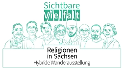 Hybride Wanderausstellung: Sichtbare Vielfalt. Religionen in Sachsen Das Bild zeigt 8 Menschen im Portrait. © Sächsische Landeszentrale für politische Bildung