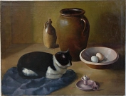 Mahrholz-Patzschke, M.: Stillleben mit Katze und Eiern © KulturBetrieb Wurzen