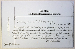 Mai OdM Telegramm Streik WTF.JPG Depesche/Telegramm über die Nachholung der durch Streik verlorenen Arbeitszeit © Kulturhistorisches Museum Wurzen