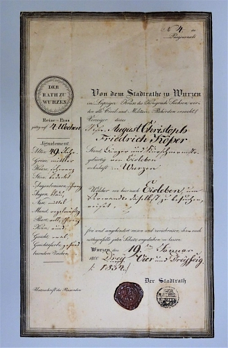Reise-Pass von Wurzen nach Eisleben, 1834, Kulturhistorisches Museum Wurzen © KulturBetrieb Wurzen